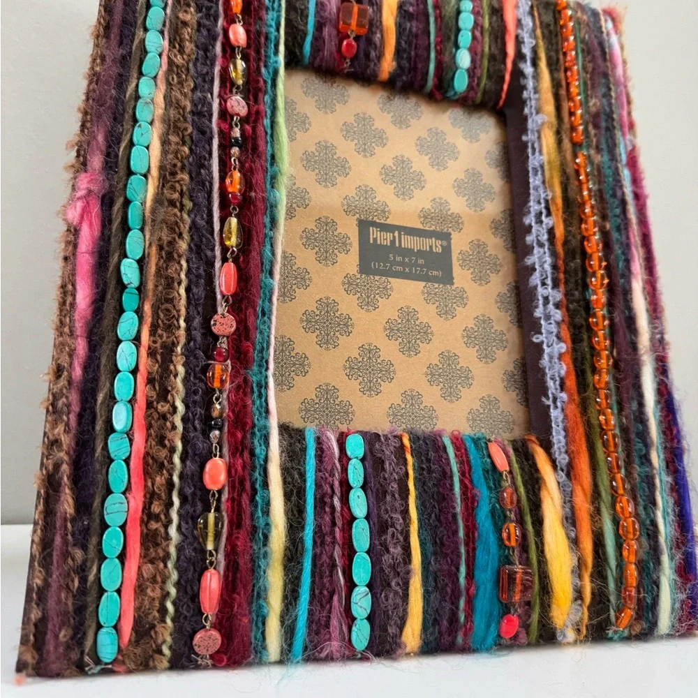 Pier 1 Imports Vintage Boho 5 inch x 7 inch Picture Frame with Yarn & Beads